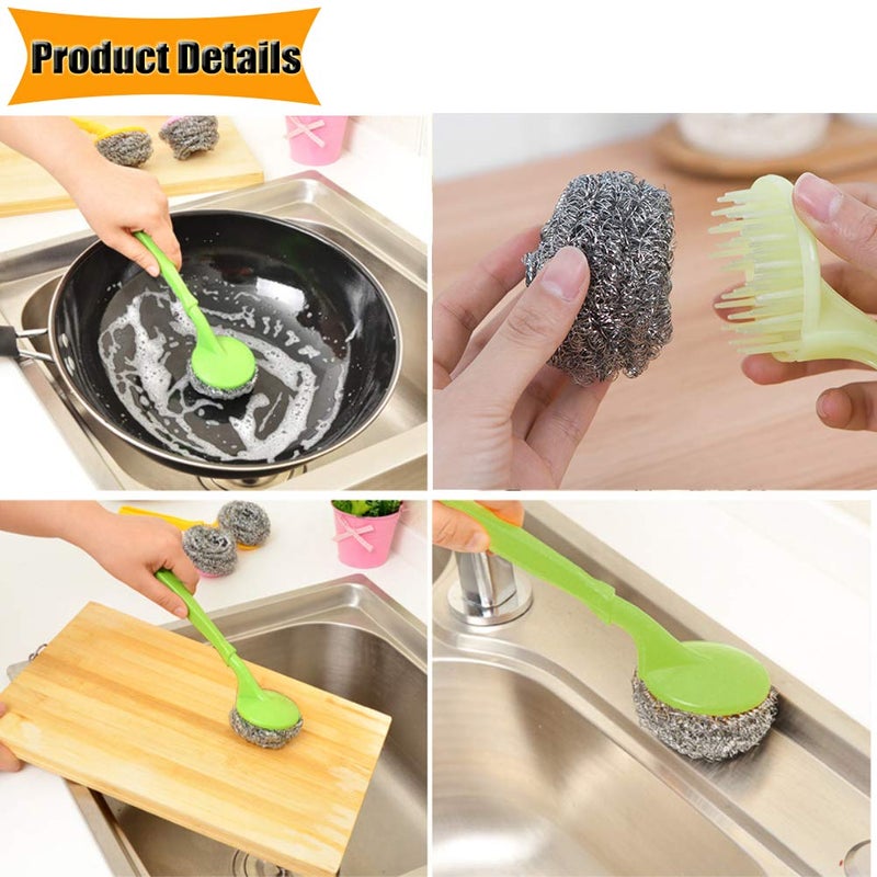NRDBEEEC 18 PCS Stainless Steel Sponges Scrubbers Cleaning Ball Utensil Scrubber Metal Scrubber Scouring Pads Ball for Pot Pan Dish Wash Cleaning for Removing Rust Dirty Cookware Cleaner with Handle (18 Pack) - Image 2
